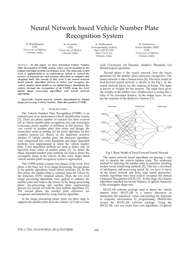 Neural network based vehicle number plate recognition using genetic