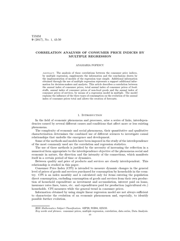 Correlation Analysis of Consumer Price Indices by Multiple Regression
