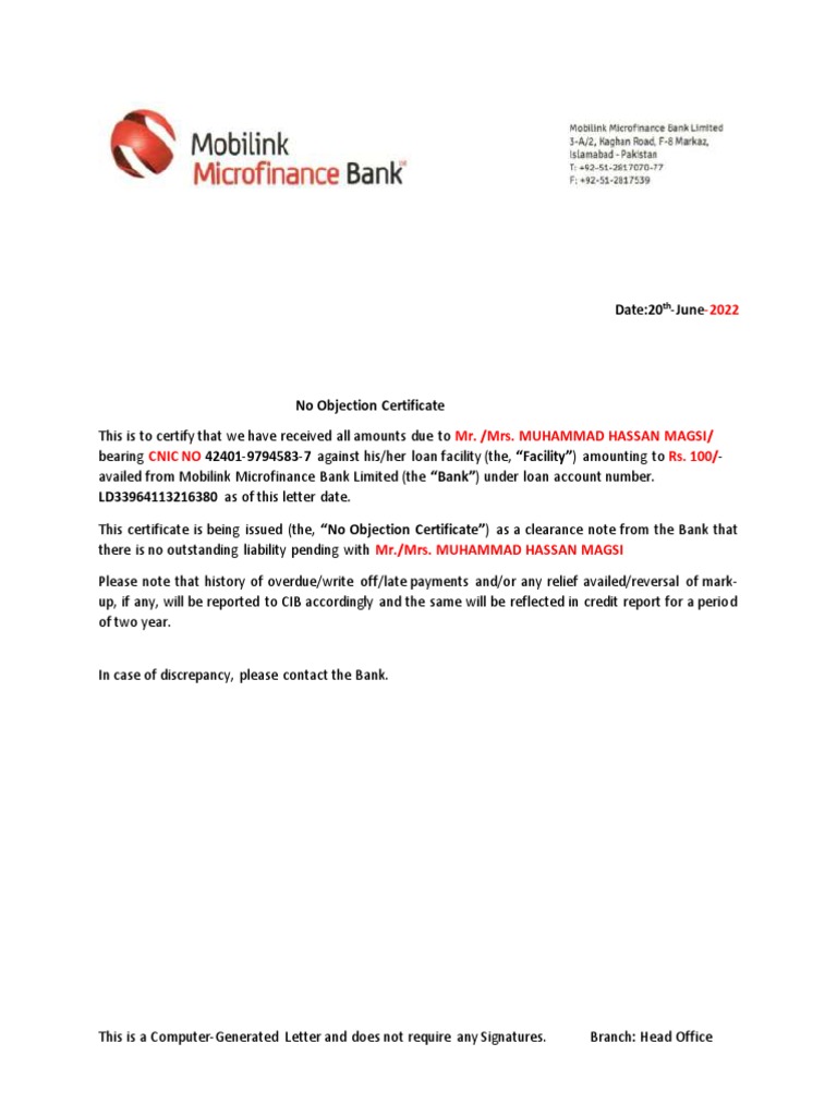 Mobilink Bank Loan Clearance Certificate | PDF | Finance & Money Management