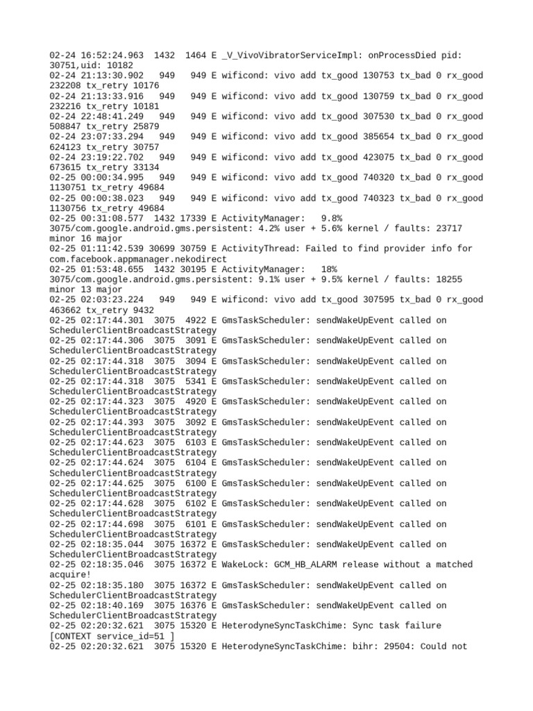 Log entries documenting wifi performance metrics and errors from google
