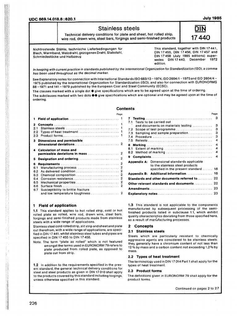サンプル DIN 17440 - Stainless Steels - 1985 | PDF