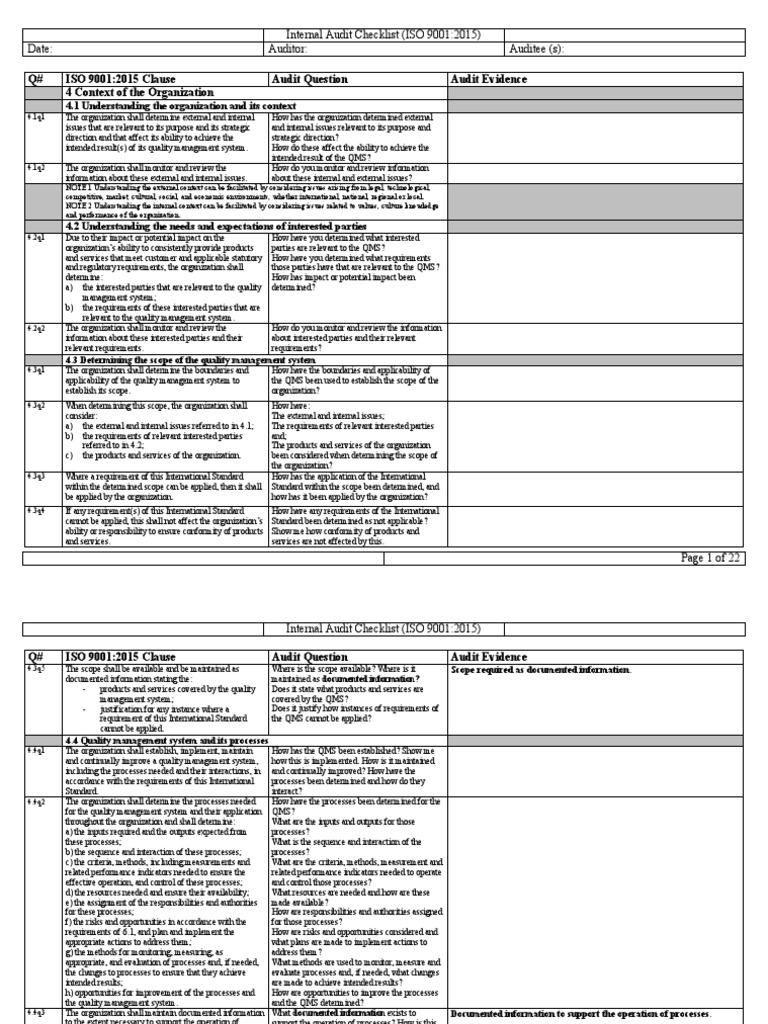 ISO 9001:2015 Internal Audit Checklist | PDF | Quality Management ...