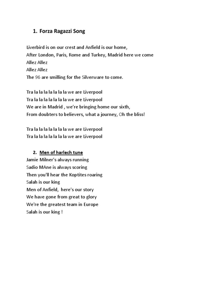 Liverpool Chants PDF Liverpool F.C. Association Football