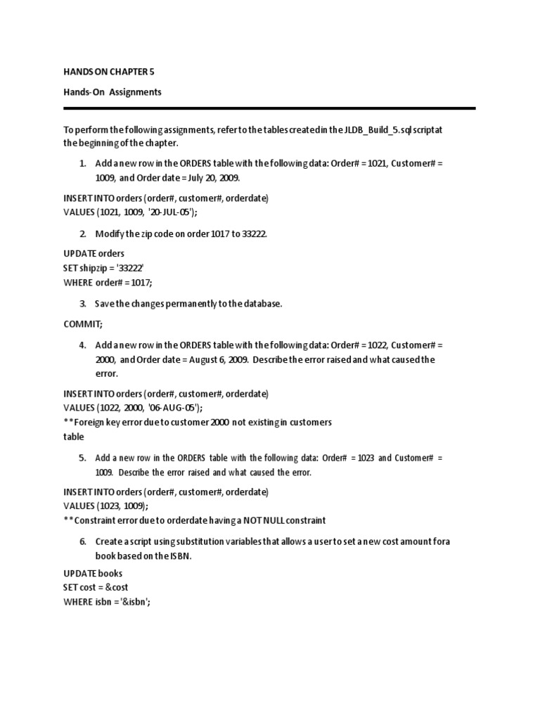 HANDSONCHAPTER5 ANSWER KEY (ORACLE 11g JOAN CASTEEL) PDF Table