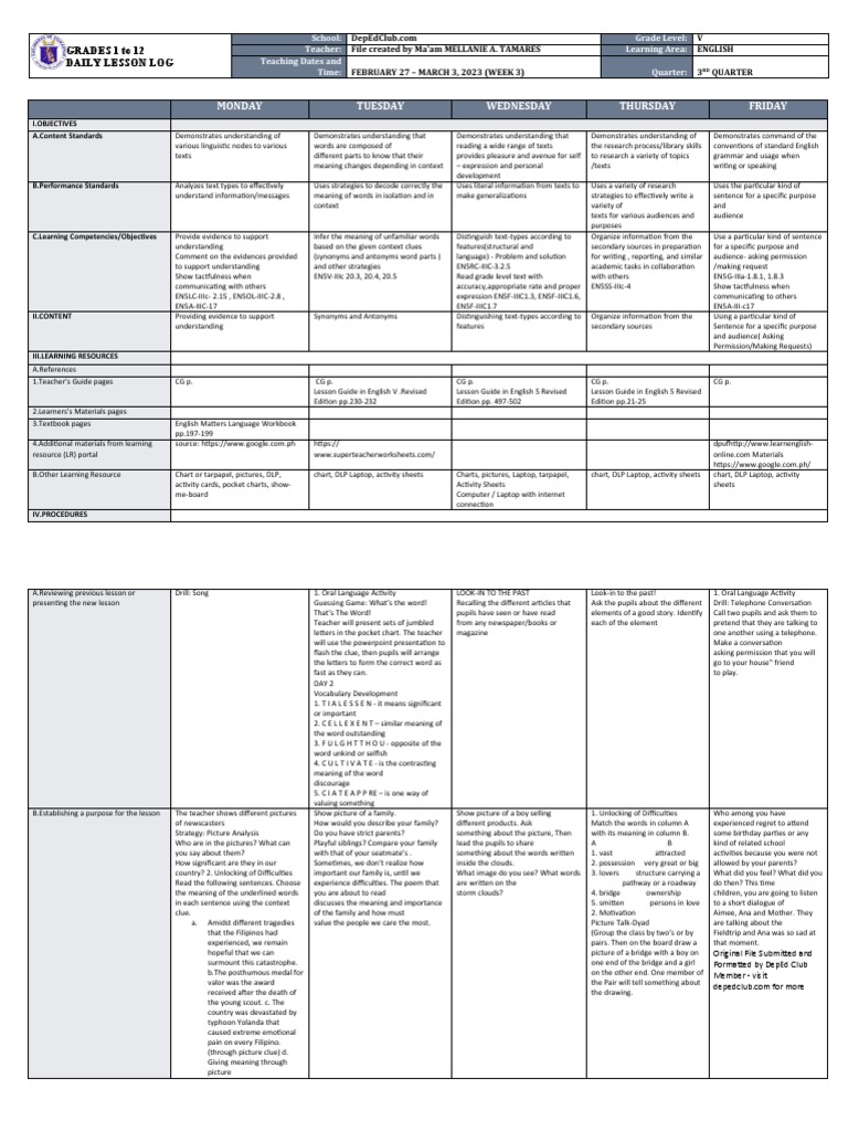 DLL - English 5 - Q3 - W3 | PDF | Understanding | Information