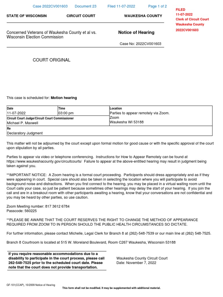 Waukesha Court Zoom Hearing Notice | PDF | Wisconsin Circuit Courts ...