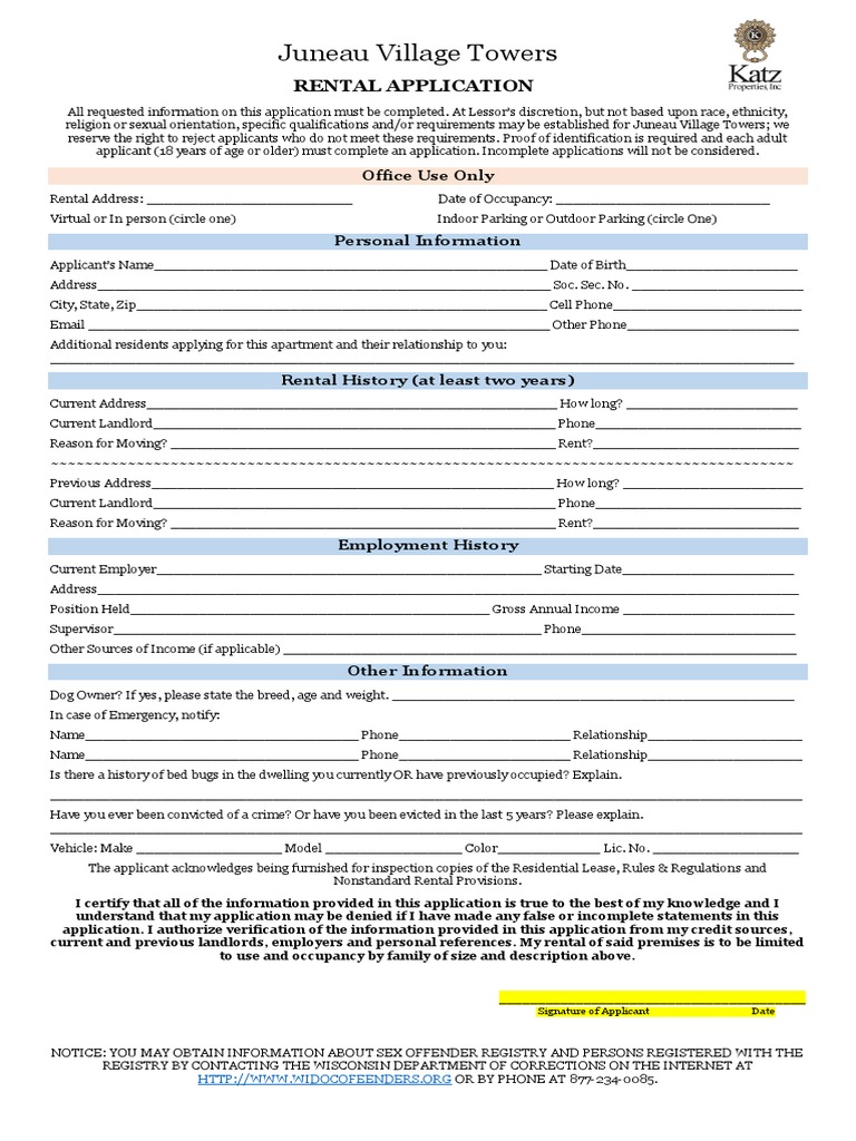 Juneau Village Towers Rental Application | PDF | Renting | Lease