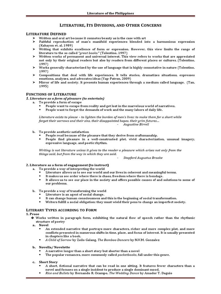 Literature Its Divisions and Other Concerns PDF Poetry Senses