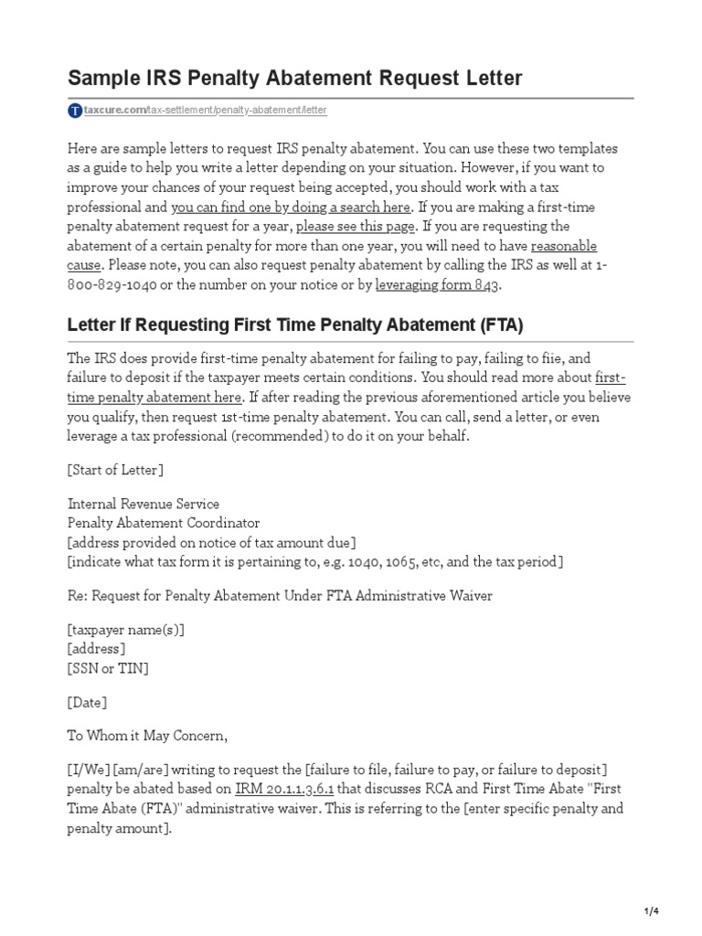 Sample IRS Penalty Abatement Request Letter PDF Internal Revenue