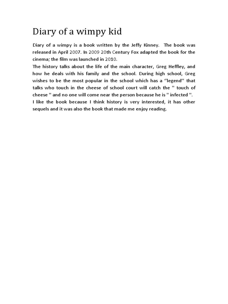 Summary of Diary of a Wimpy Kid | PDF | Mystery, Thriller & Crime ...
