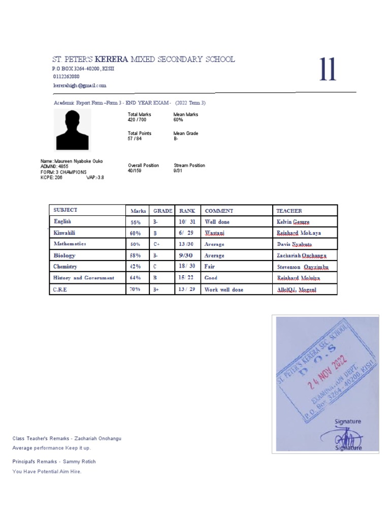 St. Peter's Kerera Form 3 Exam Report | PDF