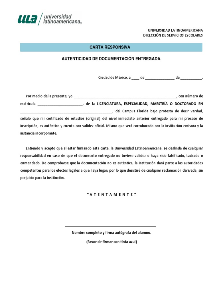 Carta Responsiva Autenticidad de Documentación Entregada | PDF