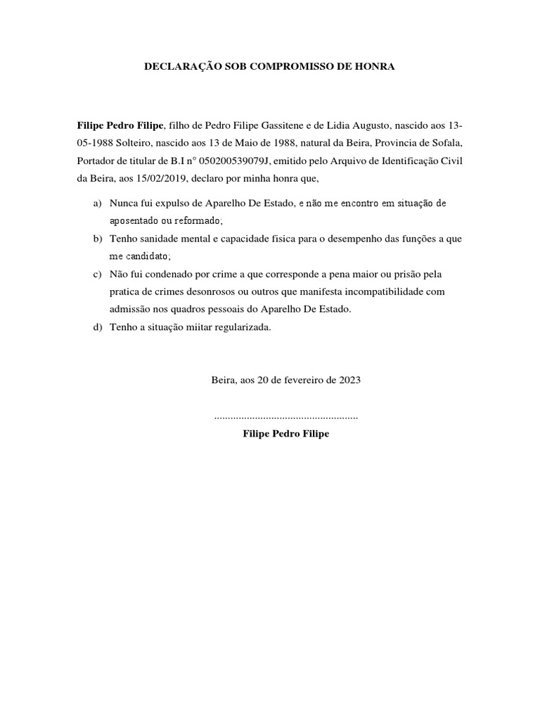 Declaração de Compromisso de Honra | PDF