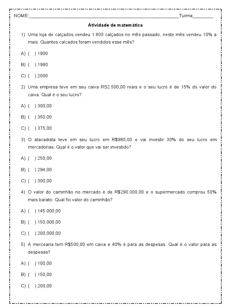 Atividade de Matematica Porcentagem Multipla Escolha 5º Ano | PDF