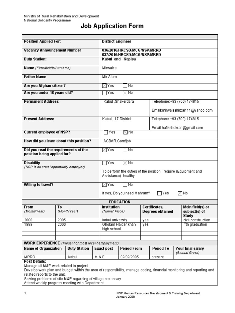 NSP Job Application Form English | Download Free PDF | Employment