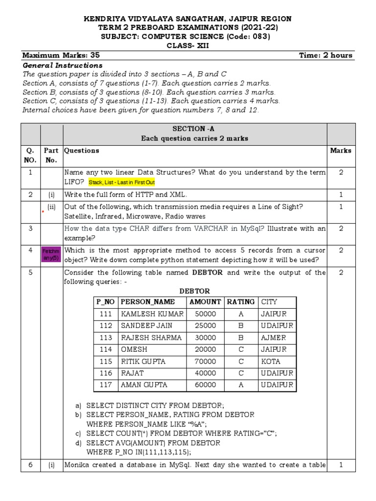 KVS Jaipur CS 2ND Pre Board Term 2 PDF Computer Data Databases