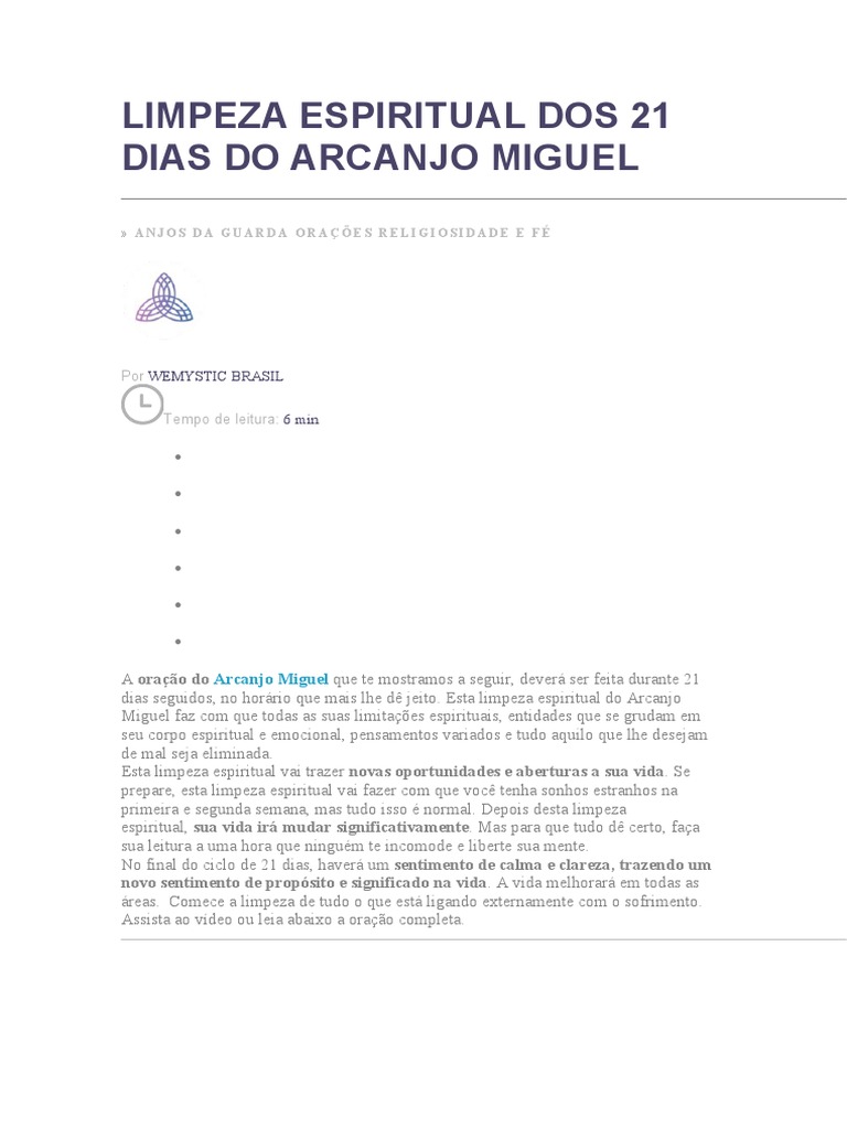 Limpeza Espiritual Dos 21 Dias Do Arcanjo Miguel | PDF | Deus | Jesus