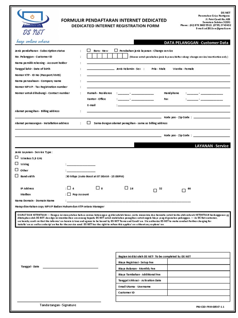 Formulir Pendaftaran Internet DS NET | PDF