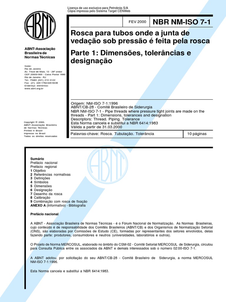 NBR 6414 NM Iso 7 1 (Roscas) | PDF | Tecnologia e Engenharia