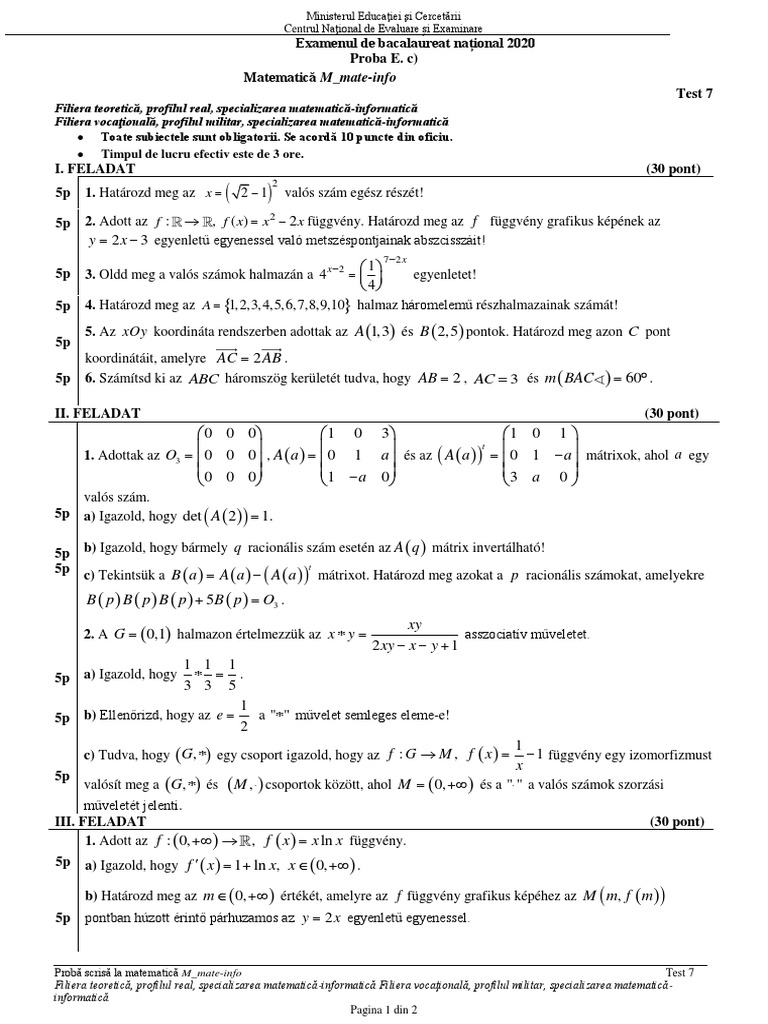 Bac 2020 E C Matematica M MateInfo Var.7 LB Maghiara PDF