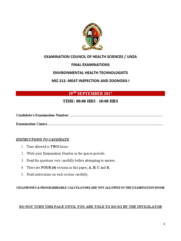 Meat Inspection Exam Paper - MIZ 212 | PDF | Slaughterhouse | Meat