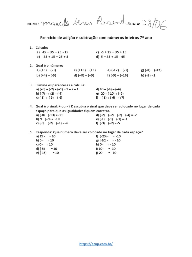 PDF Exercício de Adição e Subtração Com Números Inteiros 7o Ano | PDF