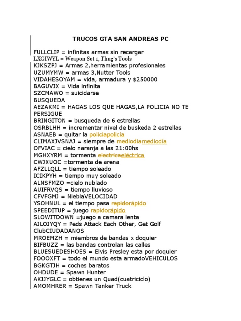 Claves TRUCOS GTA SAN ANDREAS PC PDF