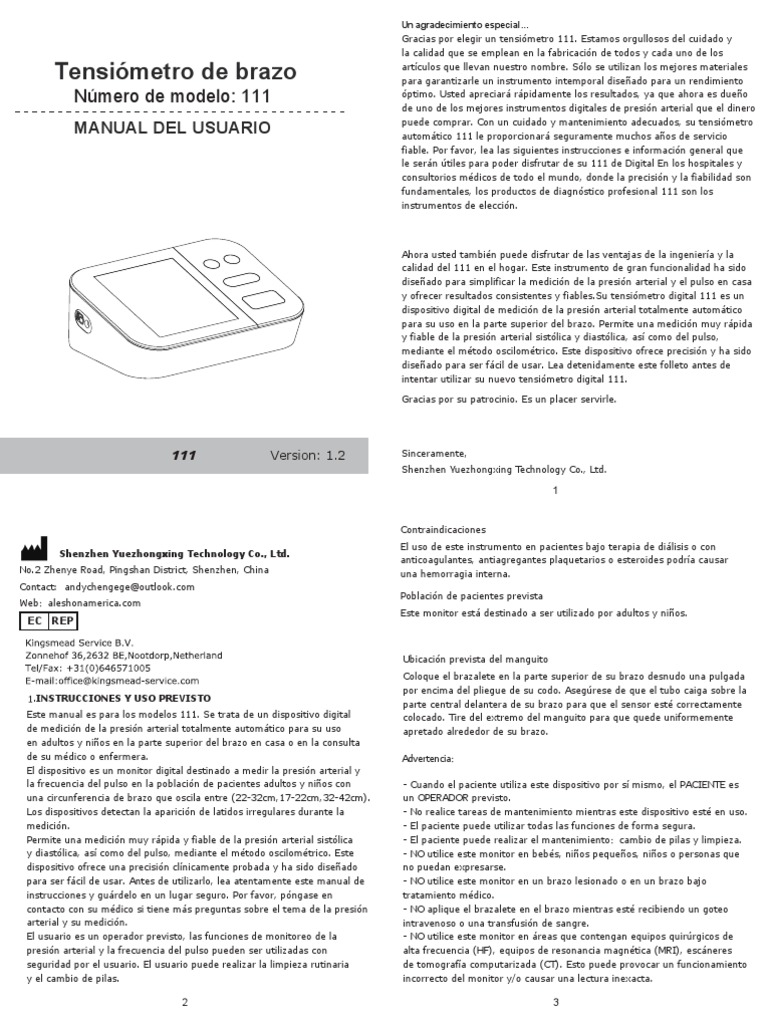 Manual de Usuario Tensiómetro Digital 111 | PDF | Presión sanguínea ...