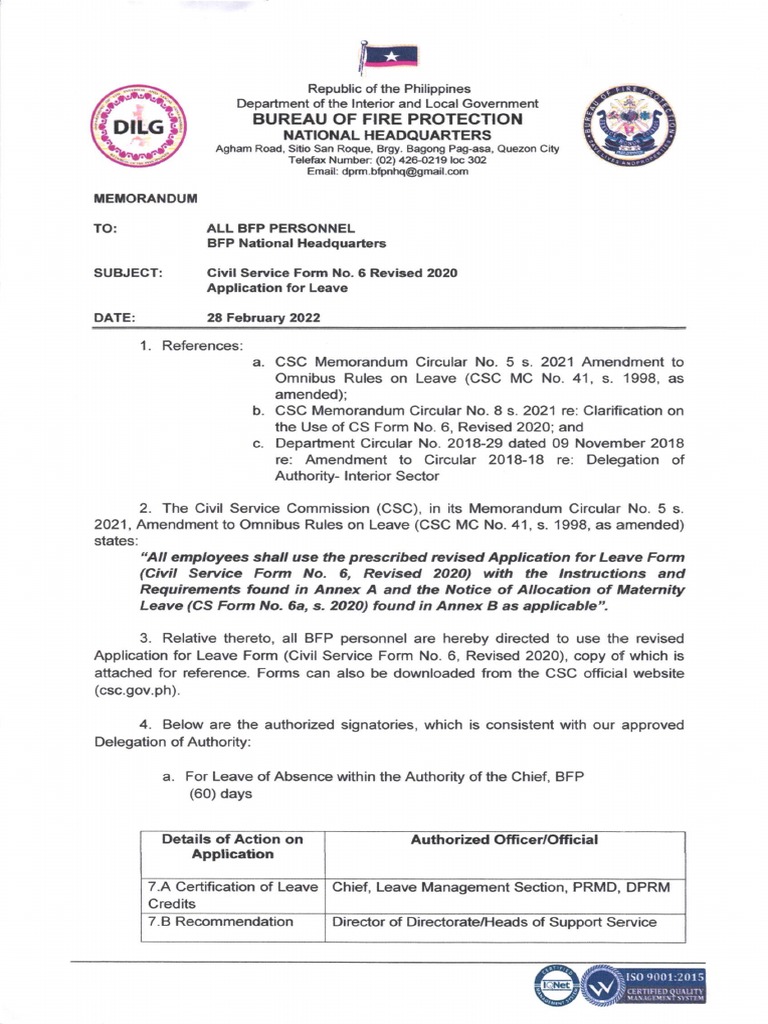 Memorandum civil service form no 6 revised 2020 application for leave