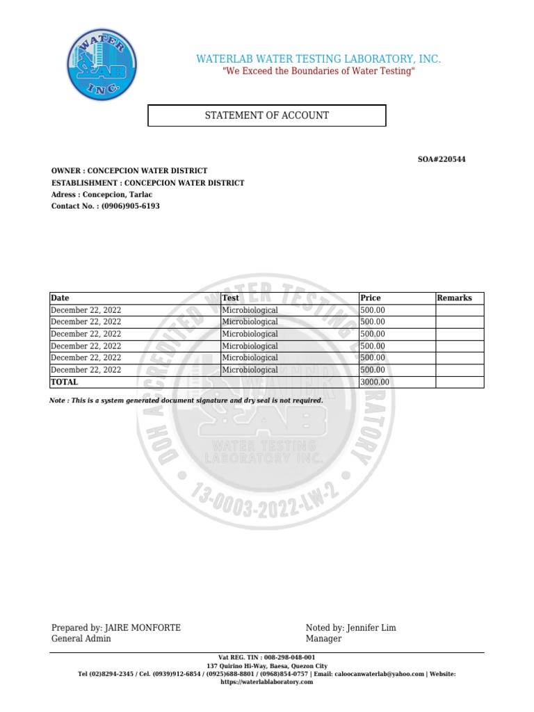 Waterlab Water Testing Laboratory, Inc.: Statement of Account | PDF