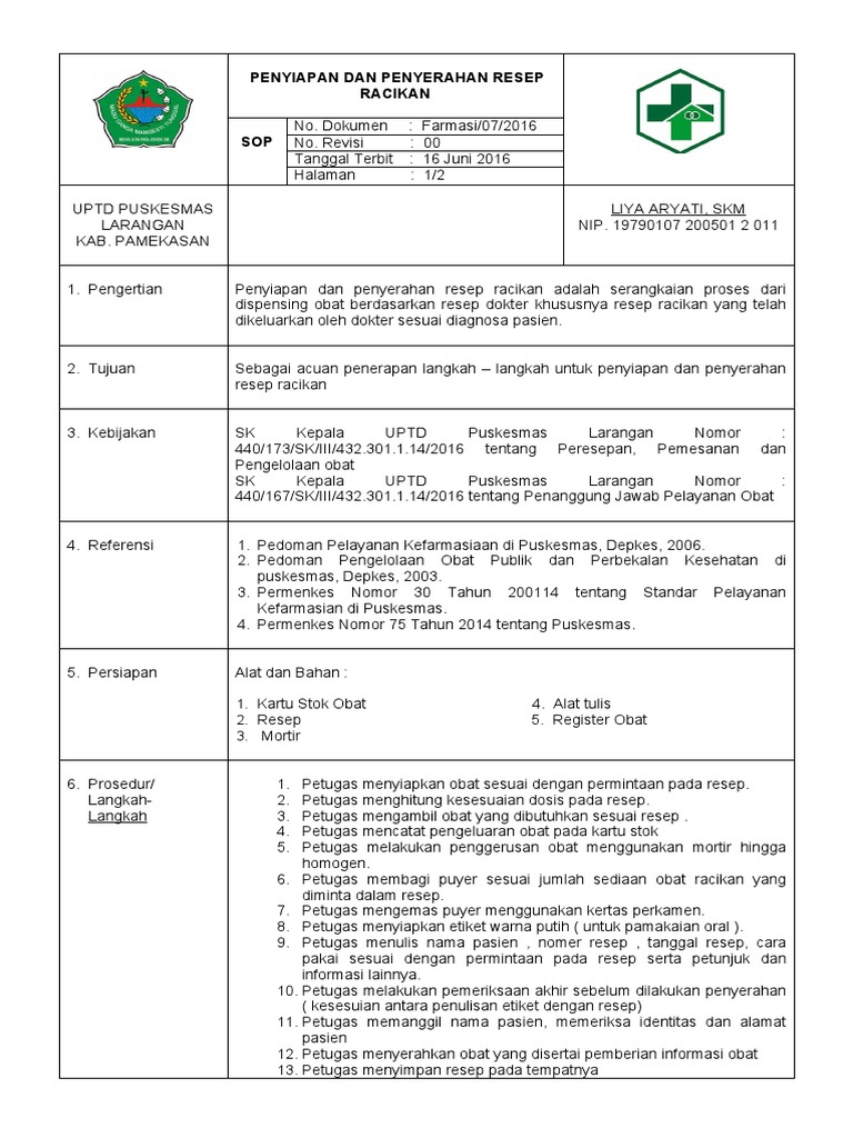 SOP Penyiapan Resep Racikan Obat | PDF