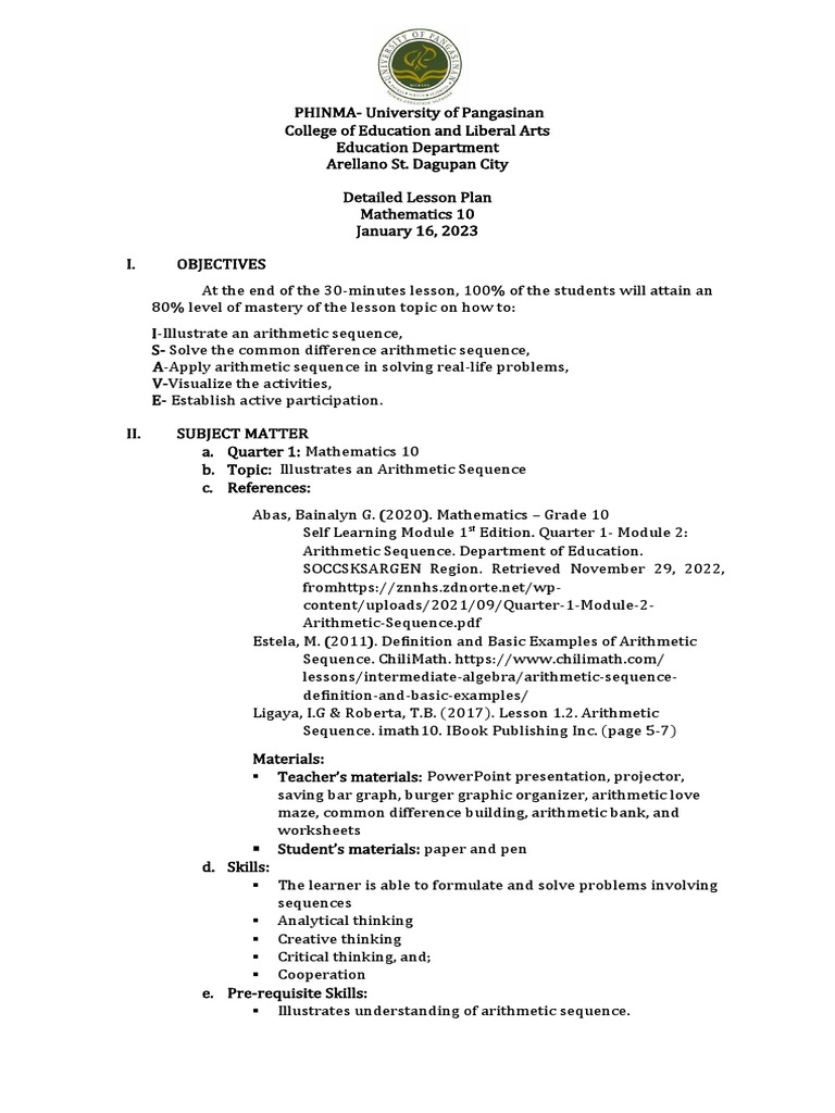 Detailed Lesson Plan - Arithmetic Sequence | PDF | Critical Thinking