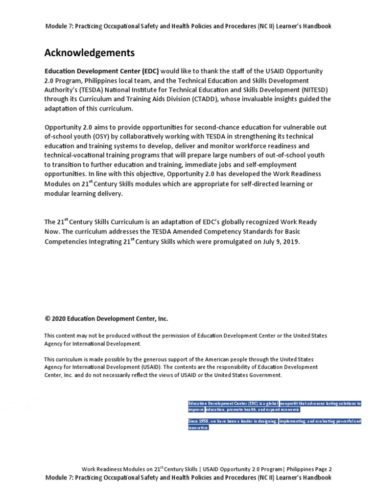 Module 7 - NC II - Practicing OSH Policies and Procedures - Final | PDF ...