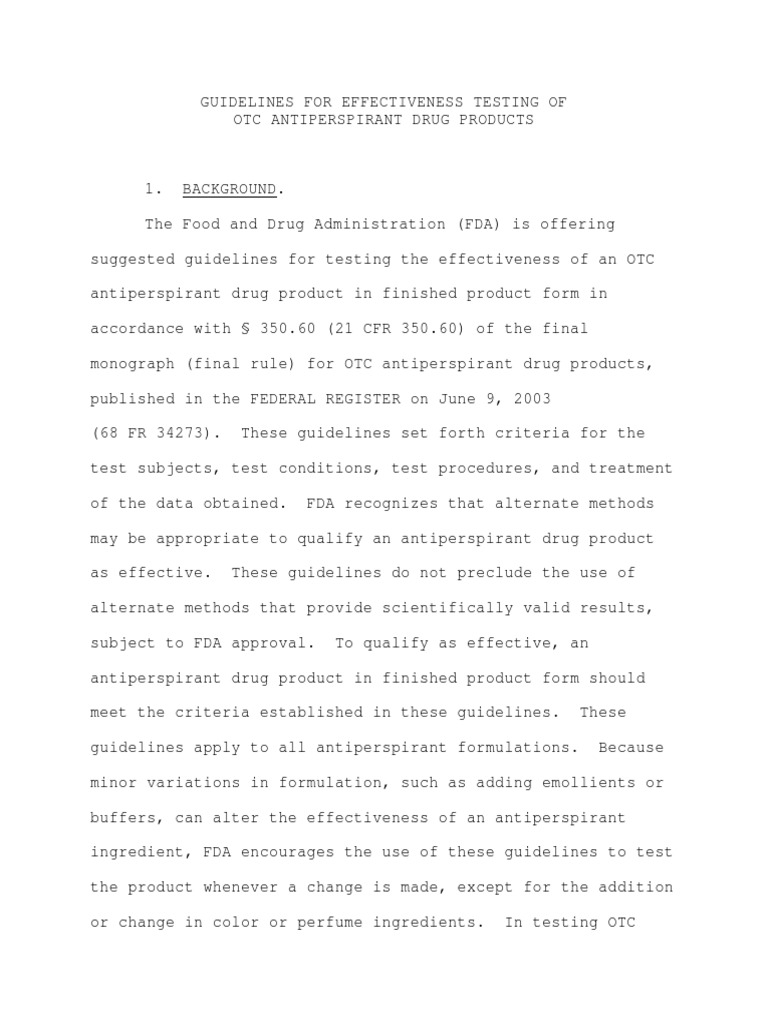 FDA Guidelines For Effectiveness Testing of Antiperspirant Drug ...