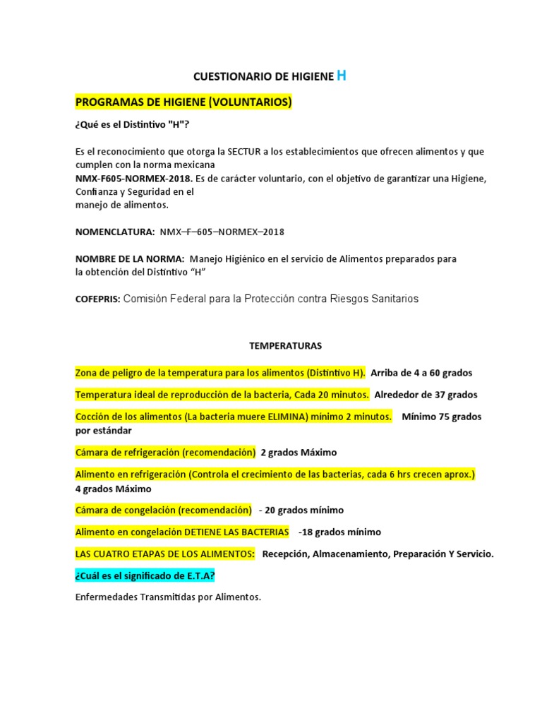 Cuestionario de Higiene H Pepe | PDF | Microorganismo | Enfermedades ...