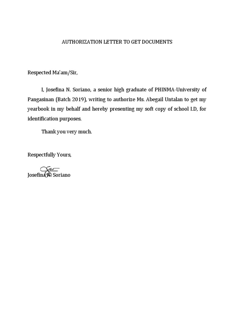 Authorization letter to get yearbook pdf