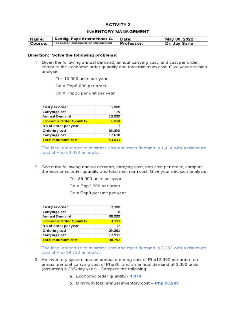Economic Order Quantity Analysis Report | PDF | Systems Analysis ...