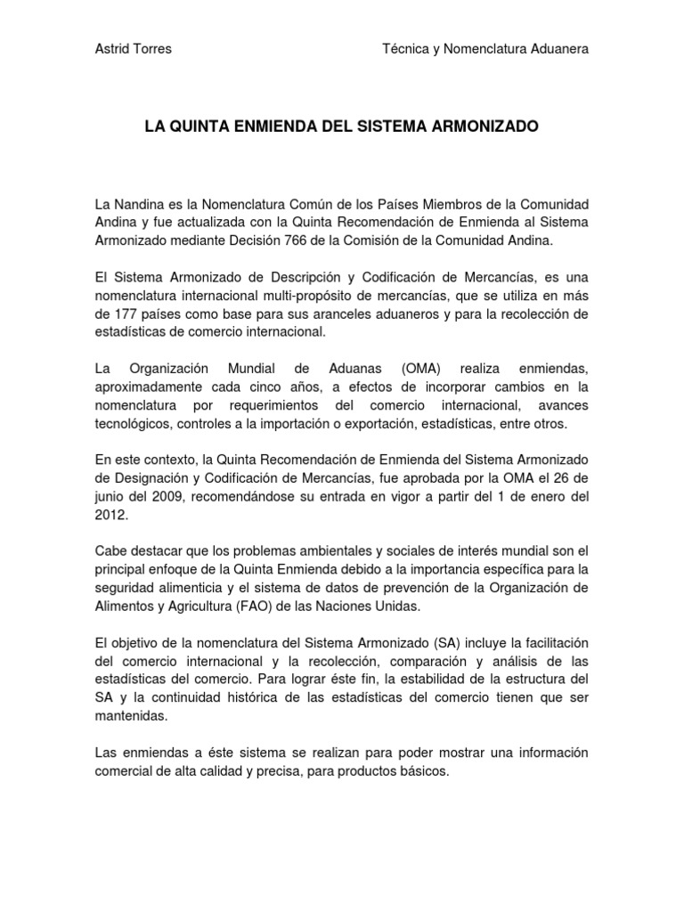 La Quinta Enmienda Del Sistema Armonizado PDF Economias
