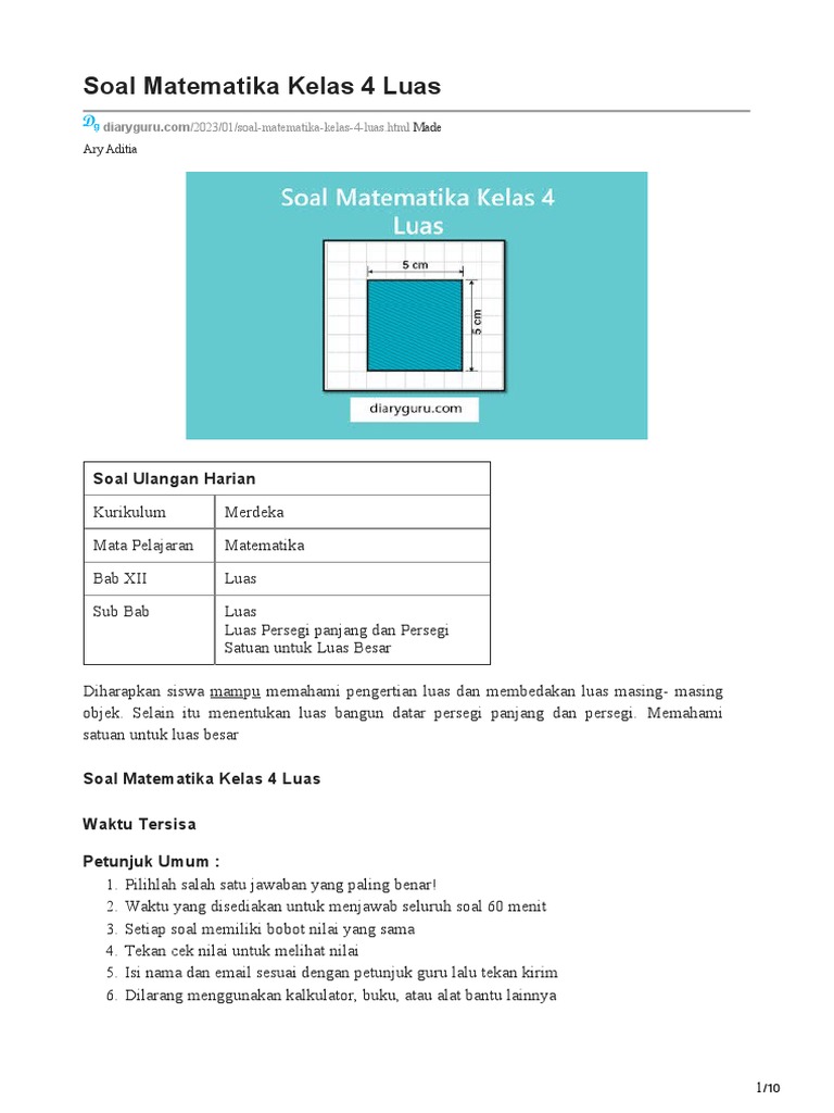 Soal Luas Matematika Kelas 4 SD | PDF