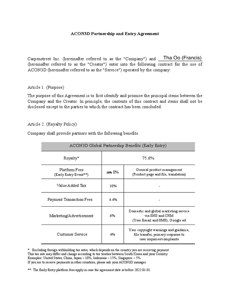 ACON3D Partnership and Entry Agreement Download Free PDF Sales