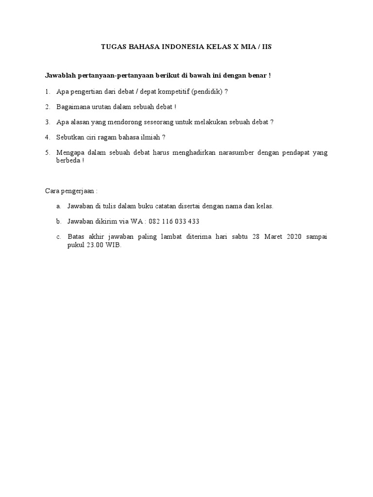 Tugas Bahasa Indonesia Kelas X Mia | PDF | Seni & Disiplin Bahasa