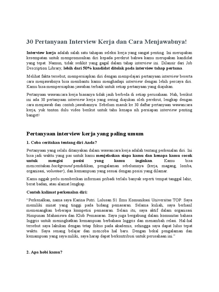 30 Pertanyaan Interview Kerja Dan Cara Menjawabnya Pdf