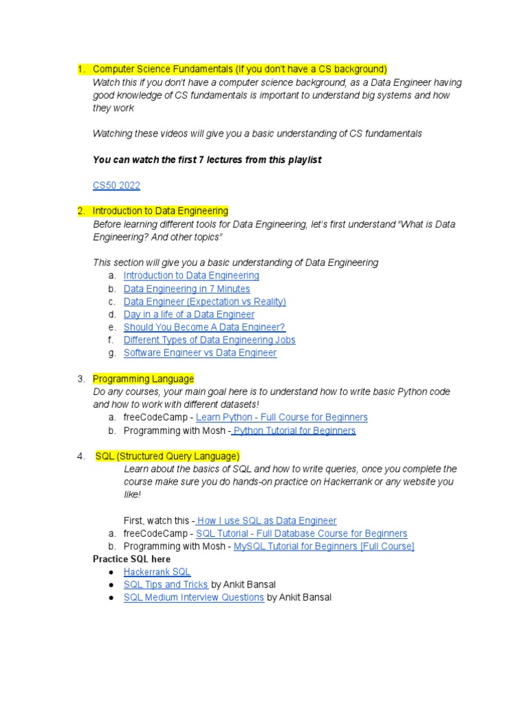 Data Engineering YouTube Roadmap | PDF | Amazon Web Services | Sql