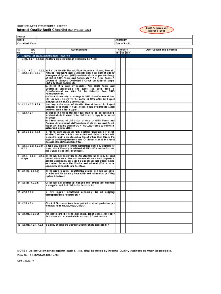 IQA CheckList For Proj - Site (Latest) No. SIL-QC-IQAC-S-08-Pg.1-20 Dt ...