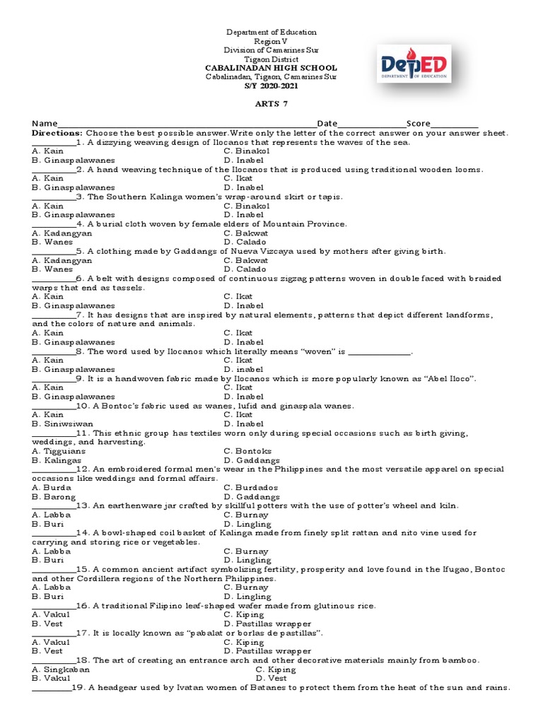 Arts 7 Summative Test Pdf Weaving