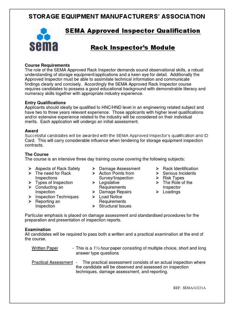 SEMA Approved Rack Inspector Course | PDF | Professional Development