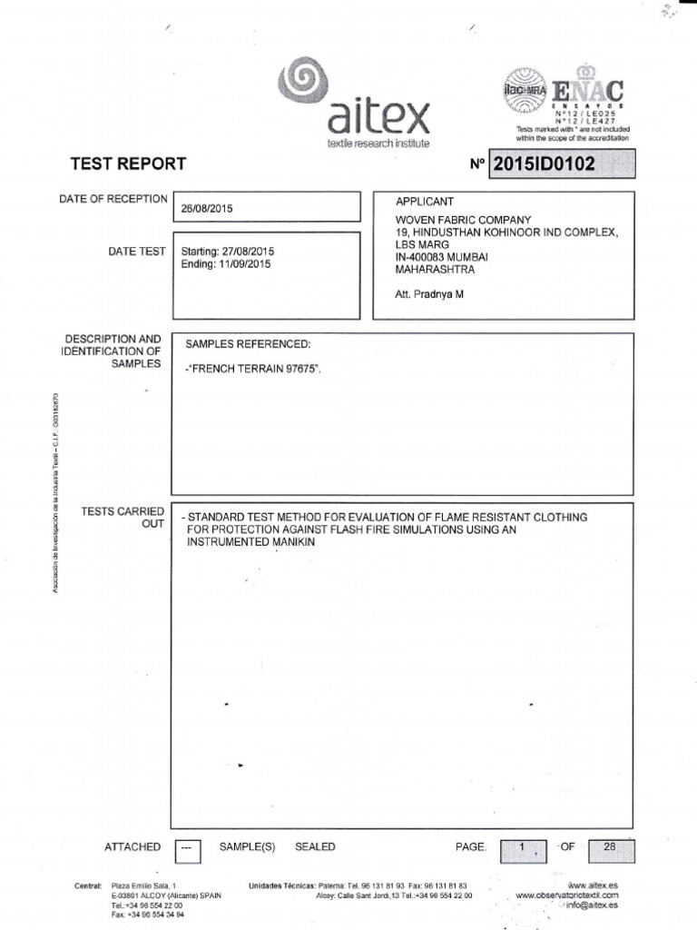 Aitex Manikin Test Report Nomex Coverall PDF Clothing Legal Liability