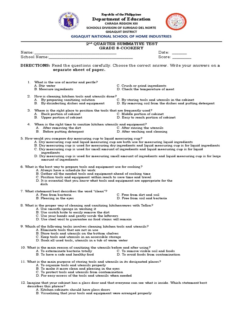 Cookery 8 Quarter 2 Summative Pdf Kitchen Utensil Water