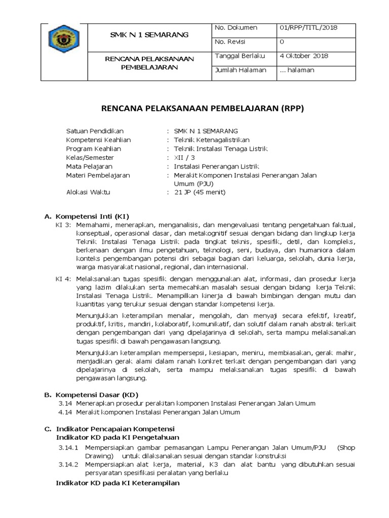 RPP Instalasi Penerangan Listrik SMK | PDF