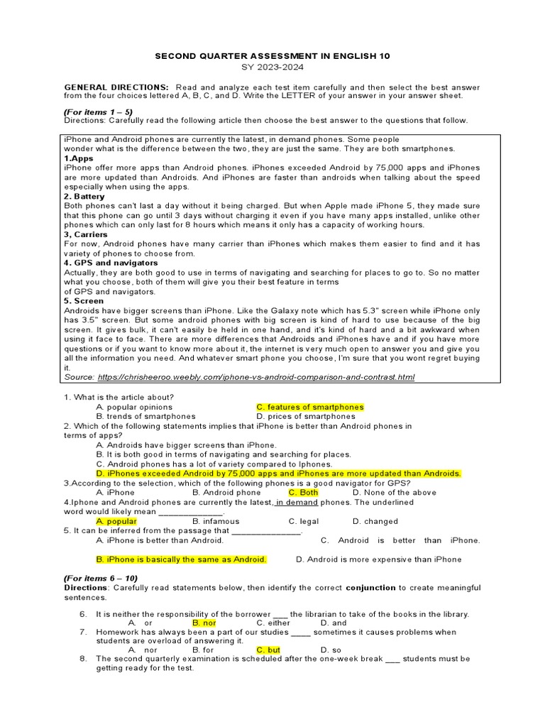 2ND Quarterly Exam in English 10 With Answers | PDF | I Phone | Android ...